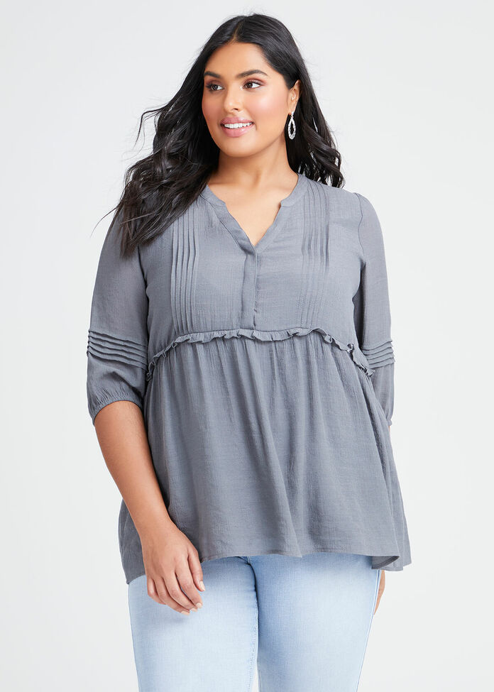 Natural 3/4 Sleeve Pintuck Top, , hi-res