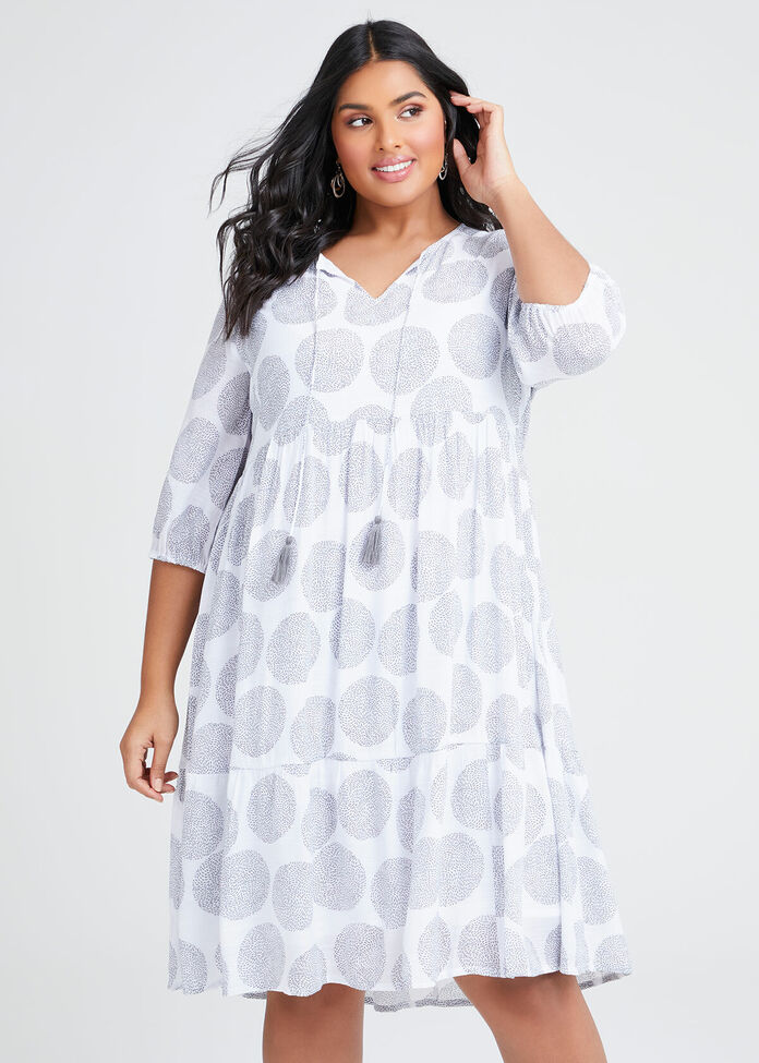 Natural Spot Tie Neck Dress, , hi-res