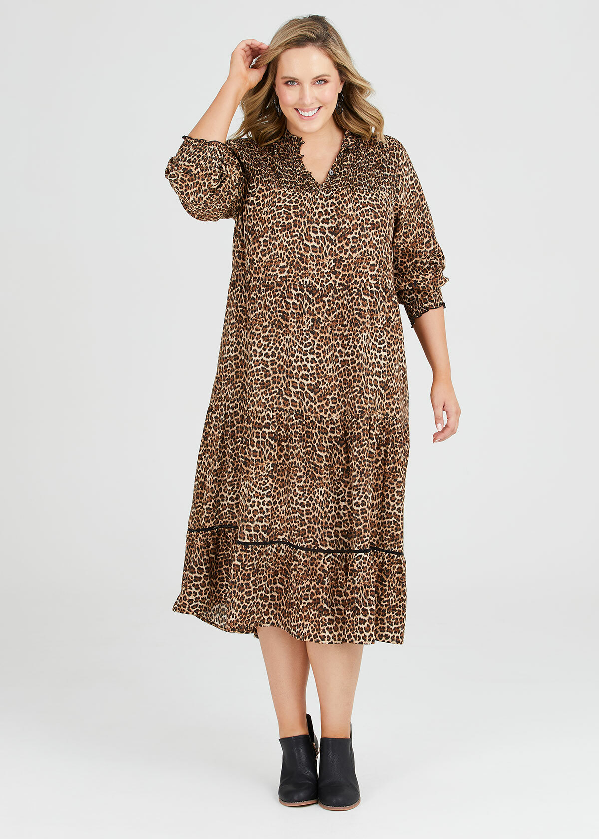 Natural Leo Shirred Dress