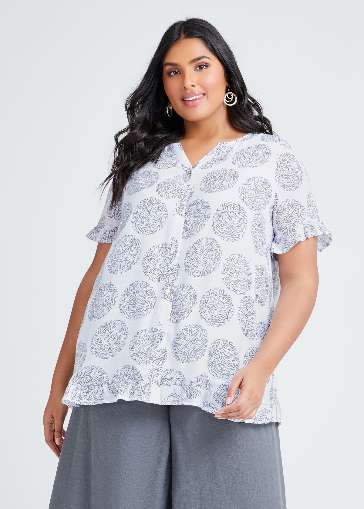 Natural Spot Frill Trim Top